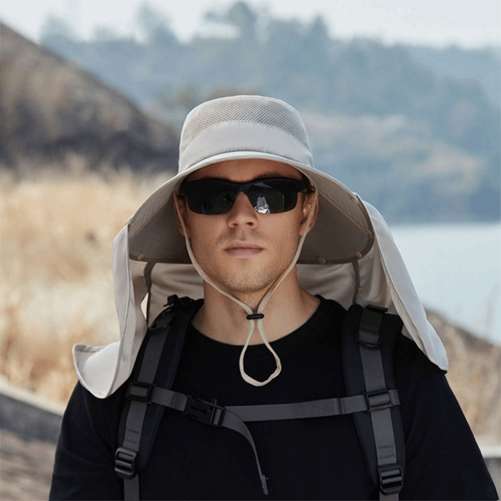 Visor Sun Hat - ファッション布男性用サンハット大きなつば取り外し可能なショール夏バケットハットストラップ付き紫外線防止女性用バイザーキャップビーチ