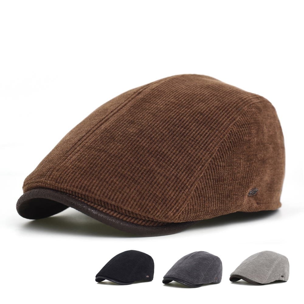 Dad Hat Cotton - キャスケット帽男性冬厚く暖かいヴィンテージヘリンボーンカジュアルストライプベレー帽フラットハットピークキャップ調節可能