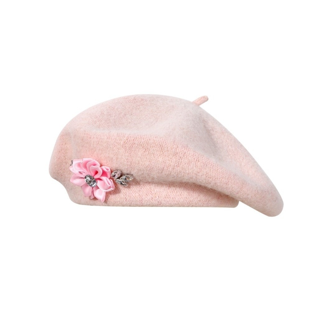 エレガントなソリッドカラーのウールベレー帽、花柄ラインストー - Beret French Wool のレビューと価格