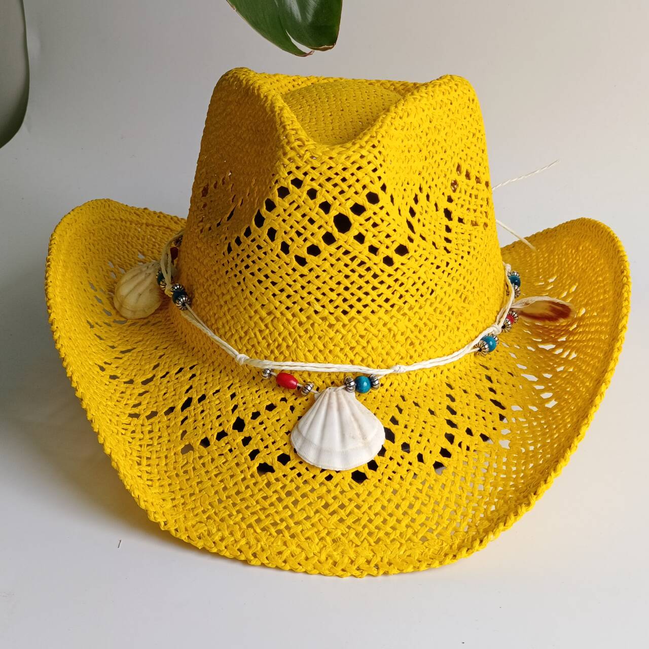 明るい黄色のカウボーイ麦わら帽子ビーチ女性男性シェルとパール - Cowboy Hat Straw のレビューと価格