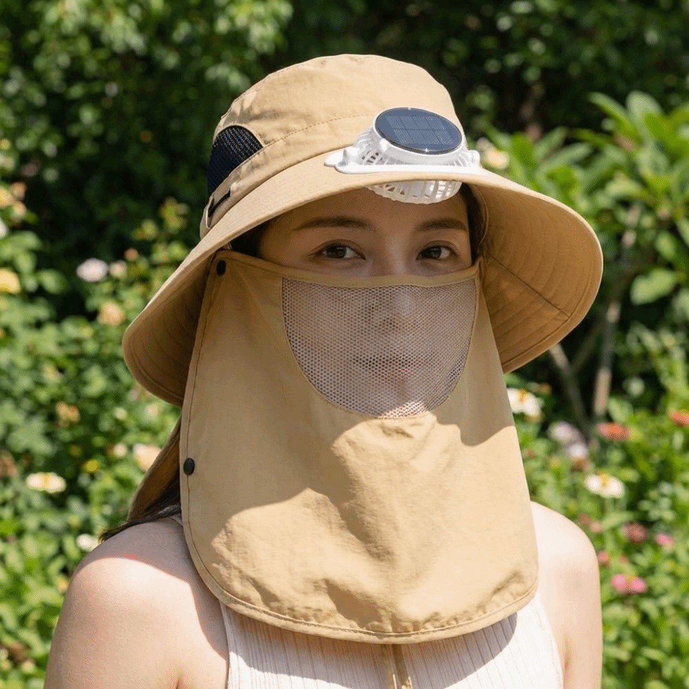 ポータブルソーラー充電式ファンハット フェイスカバー付き 調 - Sun Hat Wide Brim のレビューと価格