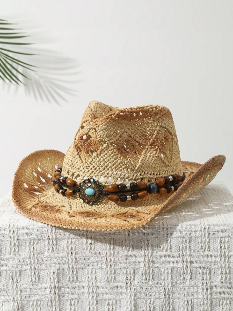 1 個ユニセックスビーズ装飾染色ワイドブリムプリントカウガー - Cowboy Hat Straw のレビューと価格